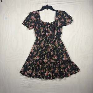 Heartsoul Black Floral Print Short Puff Sleeve Ruffle Hem Mini Dress Size S